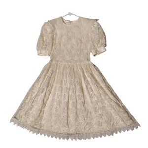 Vintage Gunne Sax Jessica McClintock Cream Lace Dress Puffed Sleeve Size 10 USA